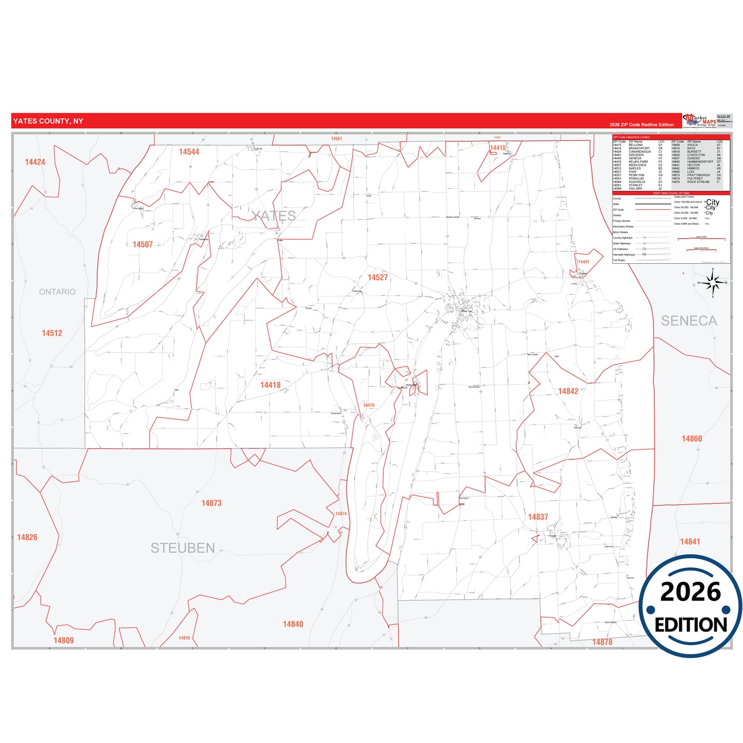 Yates County, NY Red Line 5 Digit ZIP Code Wall Map