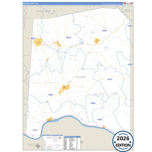 Adams County, OH Business Reference 5 Digit ZIP Code Wall Map