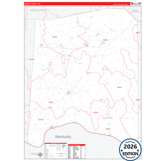 Adams County, OH Red Line 5 Digit ZIP Code Wall Map