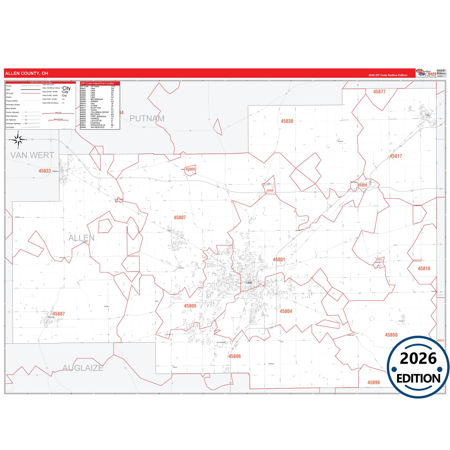 Allen County, OH Red Line 5 Digit ZIP Code Wall Map