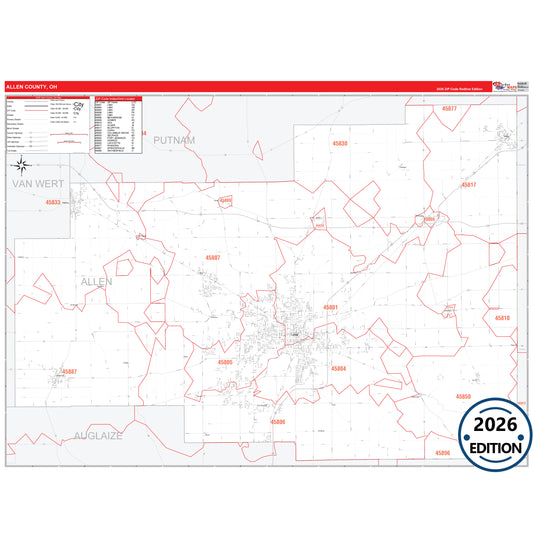 Allen County, OH Red Line 5 Digit ZIP Code Wall Map