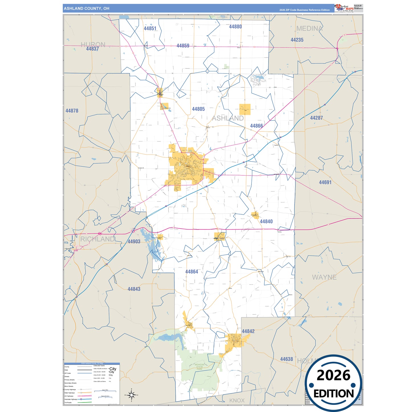 Ashland County, OH Business Reference 5 Digit ZIP Code Wall Map