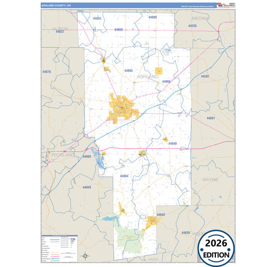 Ashland County, OH Business Reference 5 Digit ZIP Code Wall Map