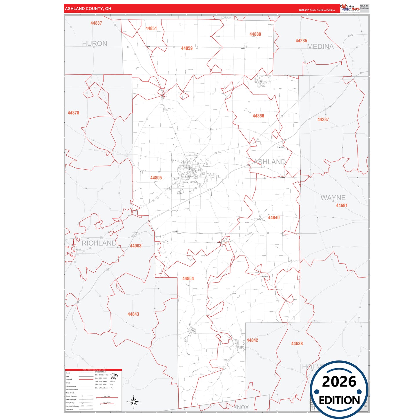 Ashland County, OH Red Line 5 Digit ZIP Code Wall Map