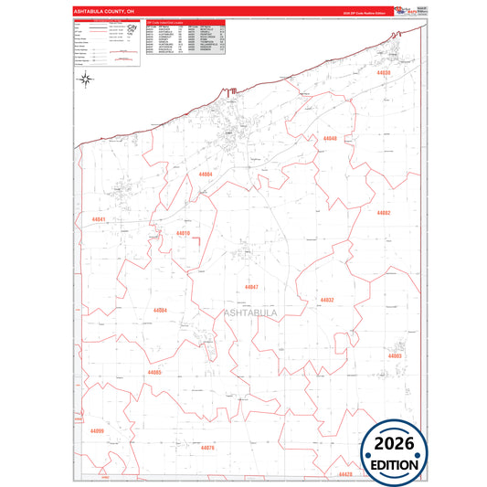 Ashtabula County, OH Red Line 5 Digit ZIP Code Wall Map