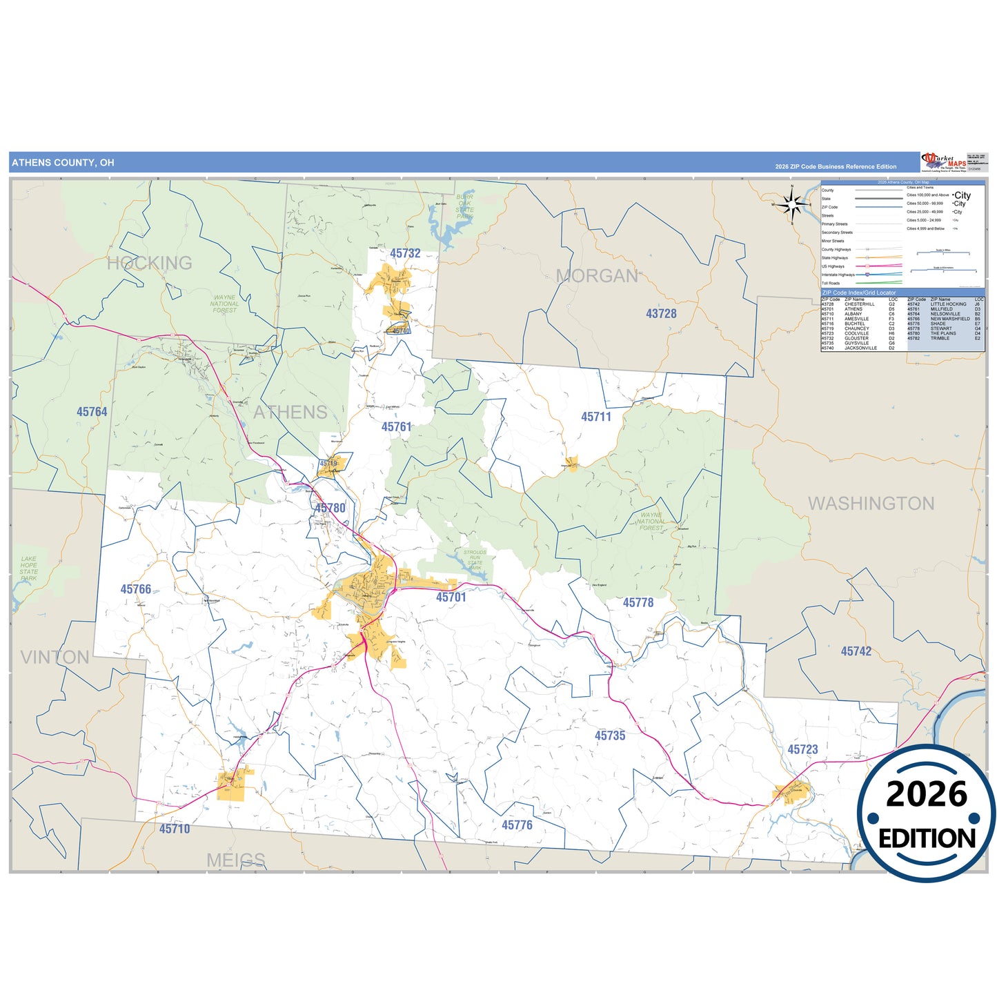 Athens County, OH Business Reference 5 Digit ZIP Code Wall Map