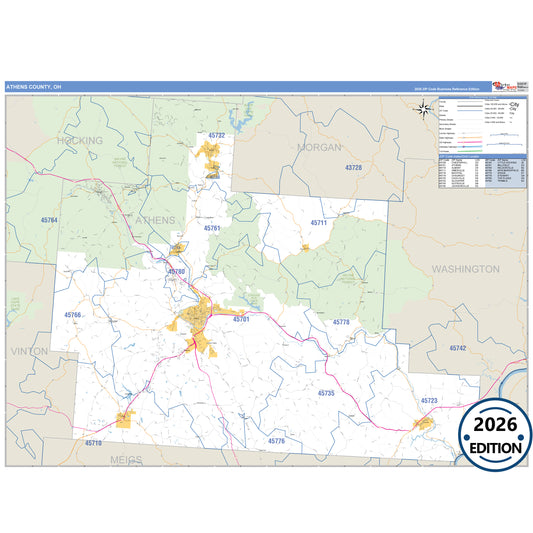 Athens County, OH Business Reference 5 Digit ZIP Code Wall Map