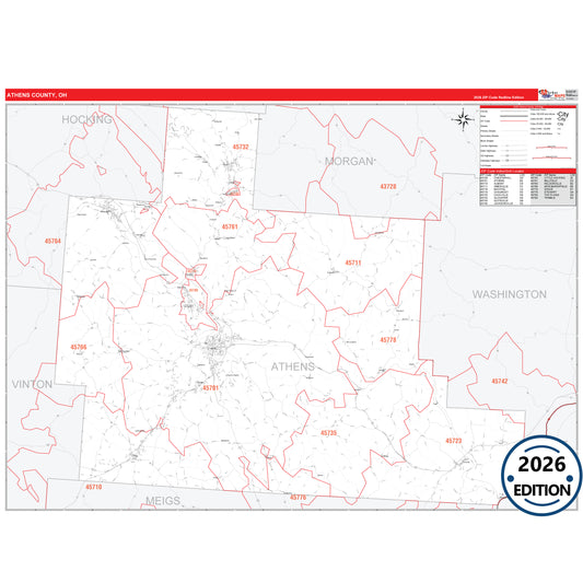 Athens County, OH Red Line 5 Digit ZIP Code Wall Map