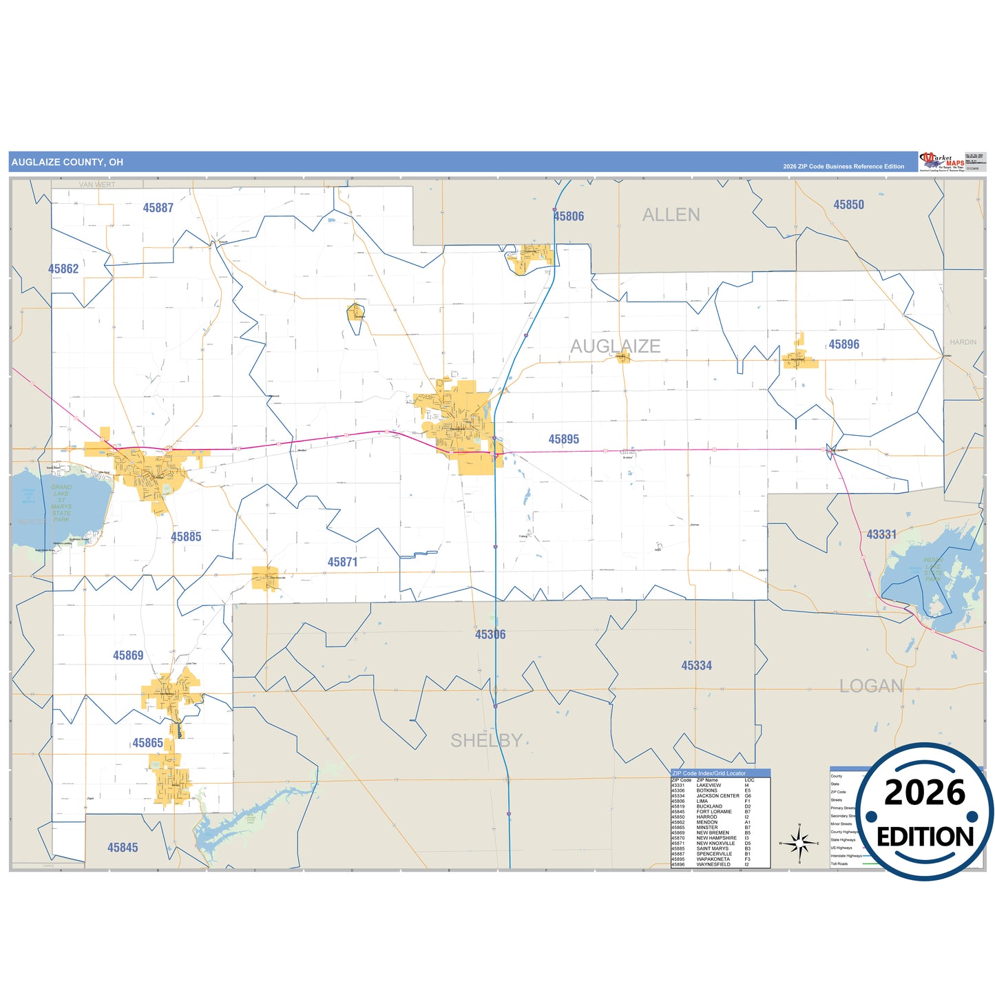 Auglaize County, OH Business Reference 5 Digit ZIP Code Wall Map