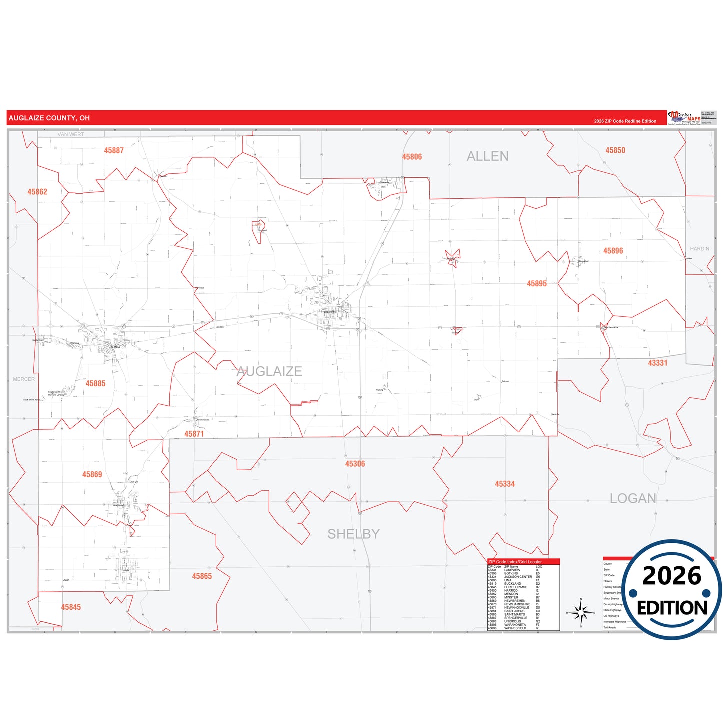 Auglaize County, OH Red Line 5 Digit ZIP Code Wall Map