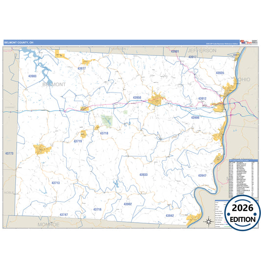 Belmont County, OH Business Reference 5 Digit ZIP Code Wall Map