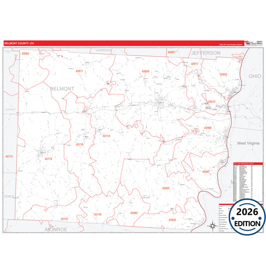 Belmont County, OH Red Line 5 Digit ZIP Code Wall Map