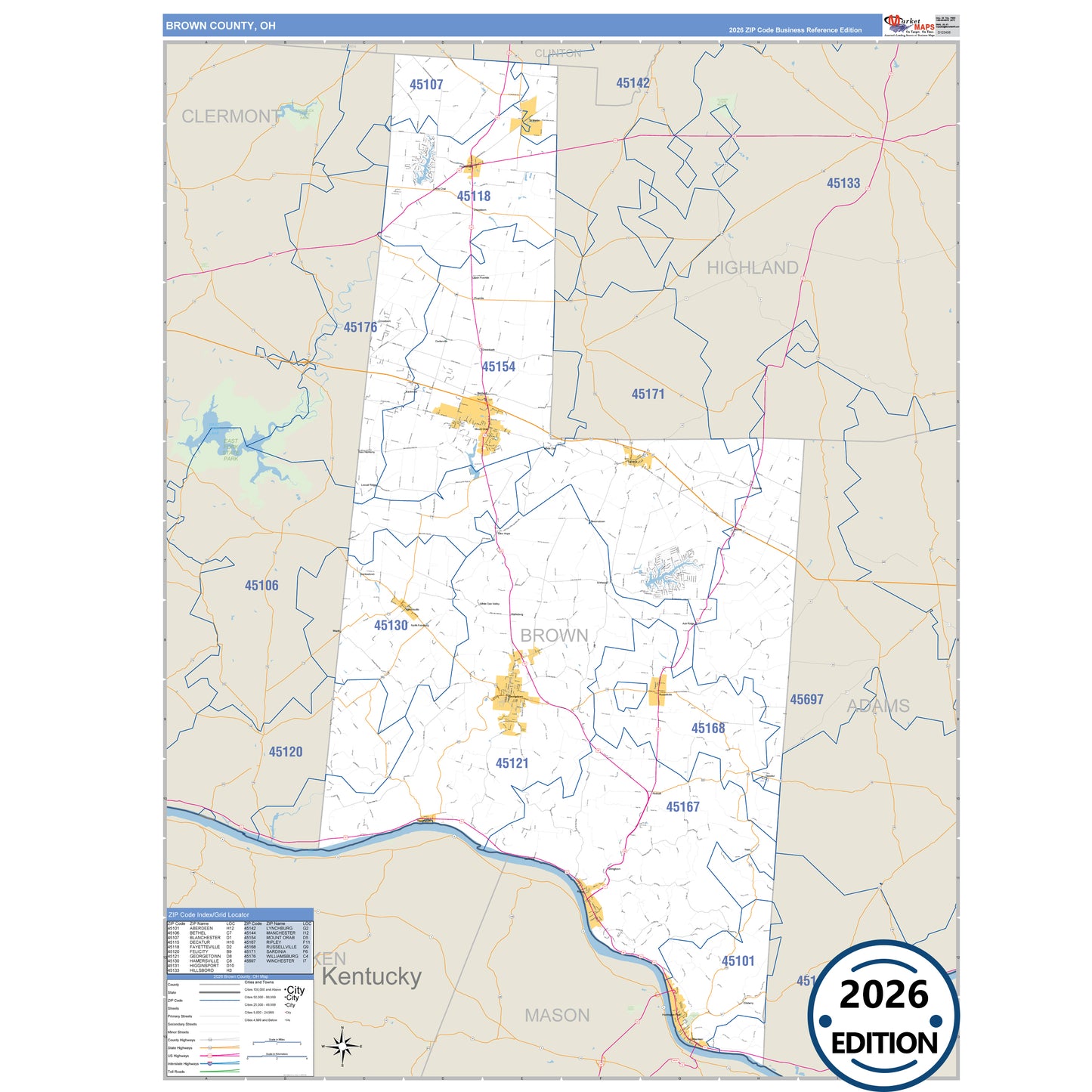 Brown County, OH Business Reference 5 Digit ZIP Code Wall Map