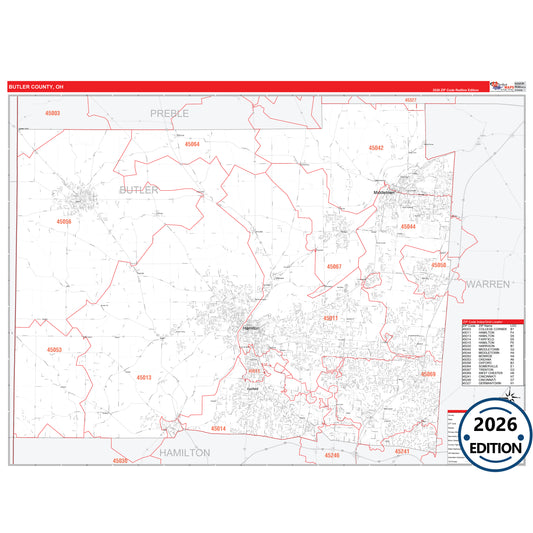 Butler County, OH Red Line 5 Digit ZIP Code Wall Map