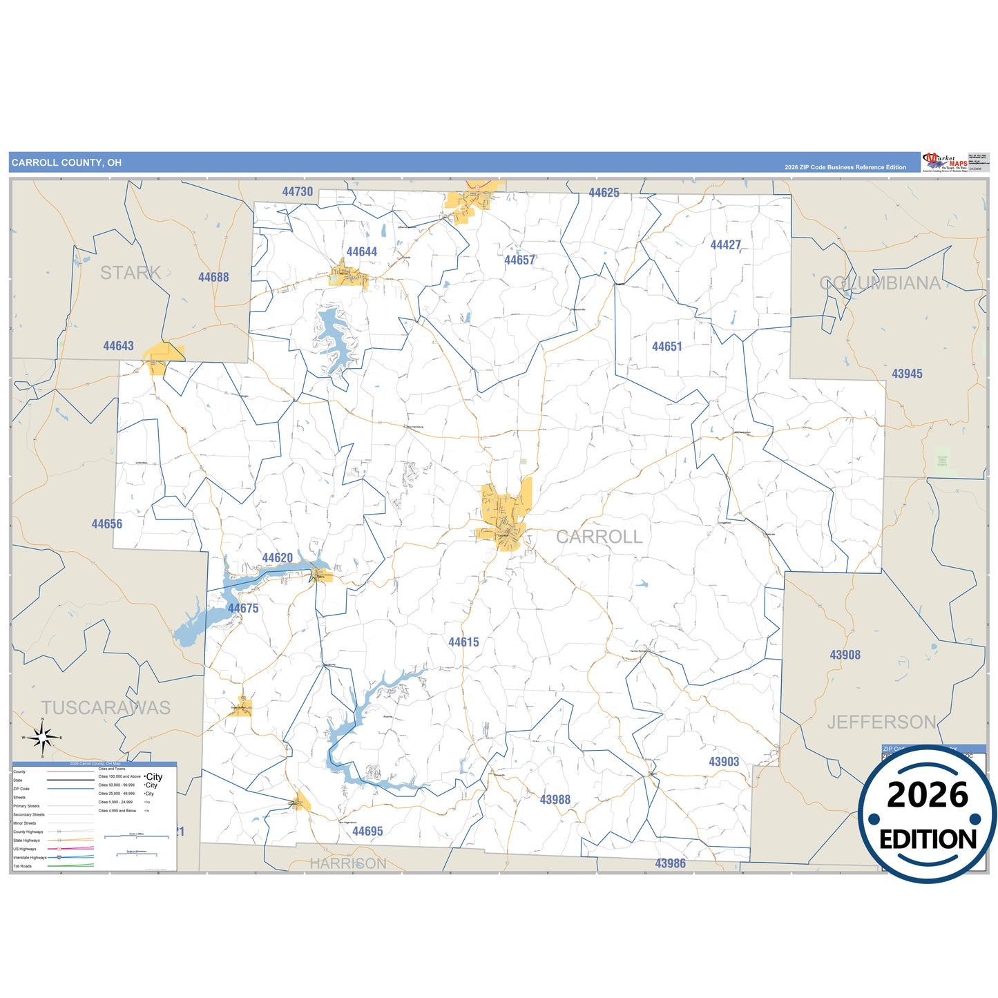 Carroll County, OH Business Reference 5 Digit ZIP Code Wall Map