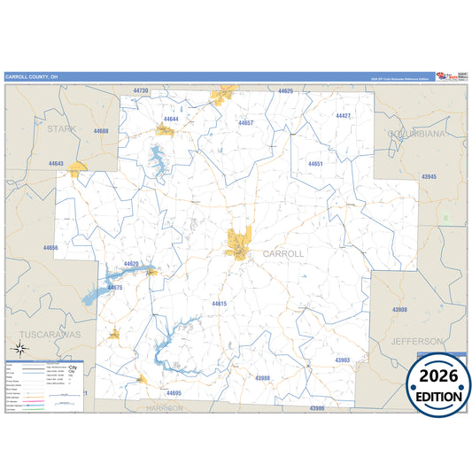 Carroll County, OH Business Reference 5 Digit ZIP Code Wall Map