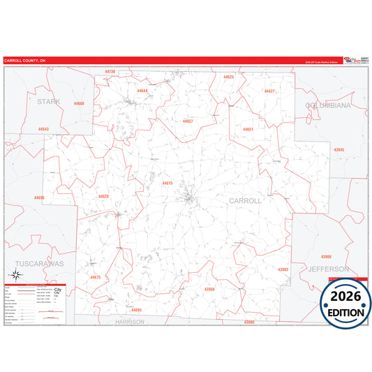 Carroll County, OH Red Line 5 Digit ZIP Code Wall Map