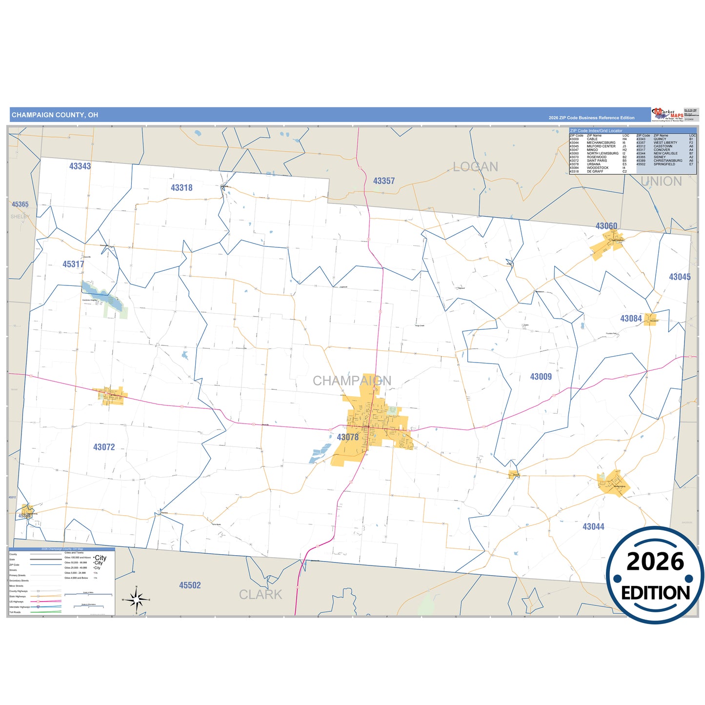 Champaign County, OH Business Reference 5 Digit ZIP Code Wall Map