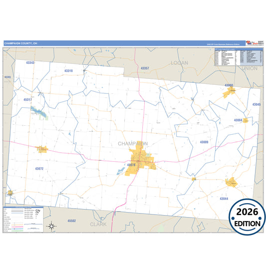 Champaign County, OH Business Reference 5 Digit ZIP Code Wall Map