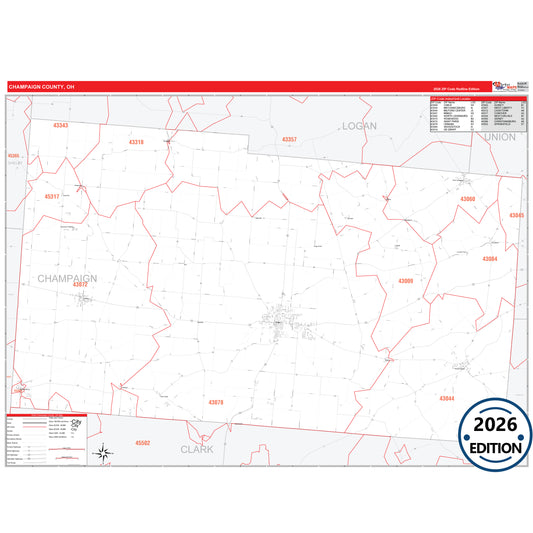 Champaign County, OH Red Line 5 Digit ZIP Code Wall Map