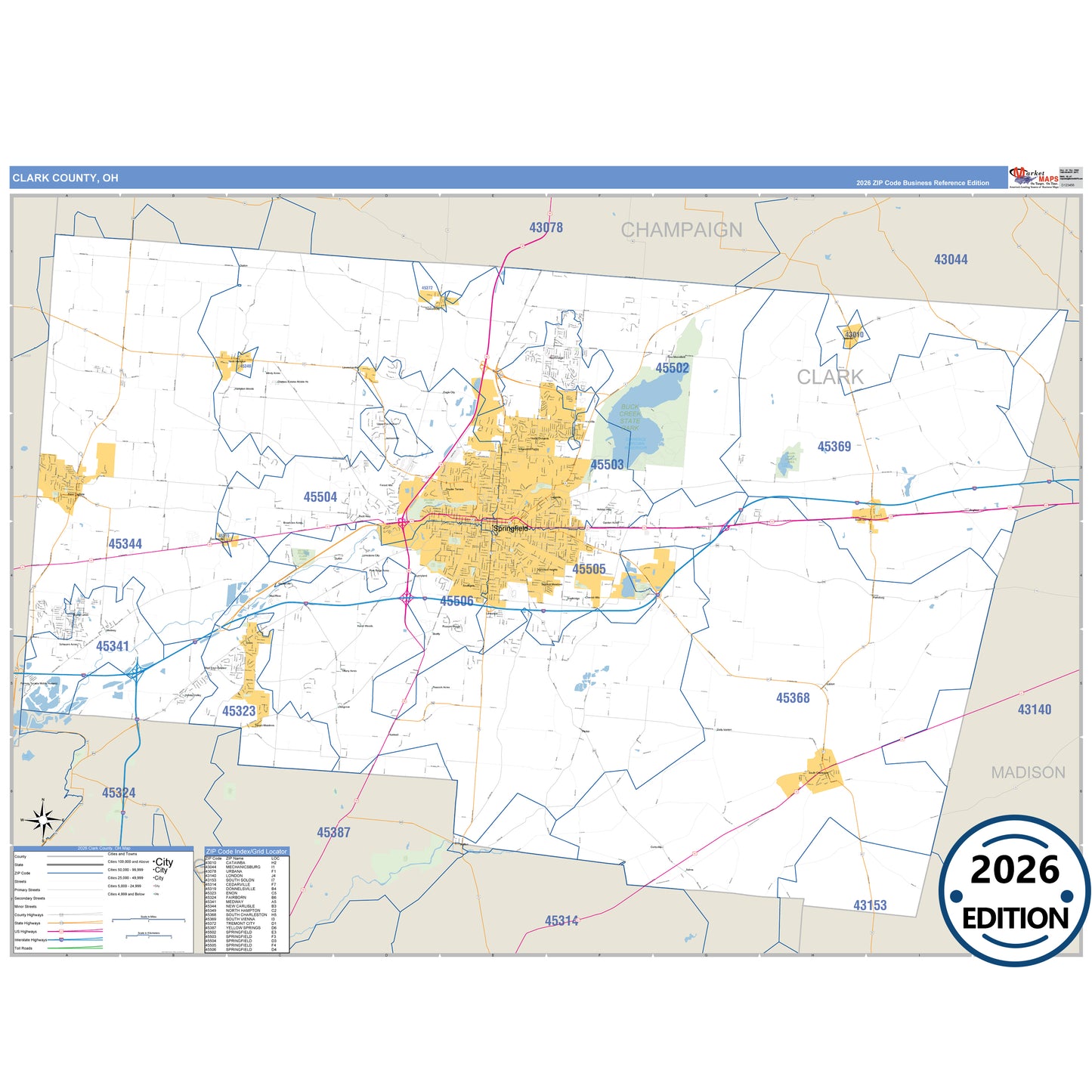 Clark County, OH Business Reference 5 Digit ZIP Code Wall Map