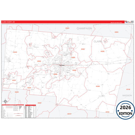 Clark County, OH Red Line 5 Digit ZIP Code Wall Map