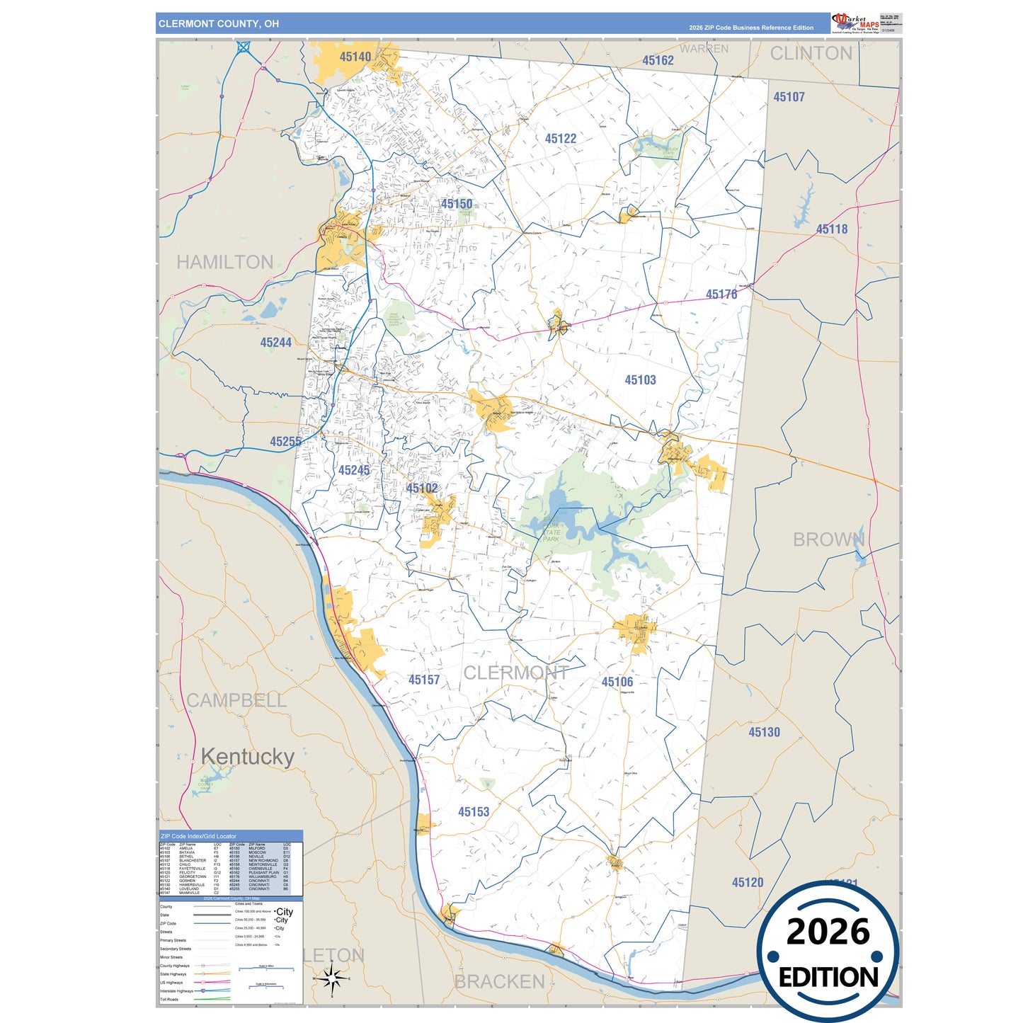 Clermont County, OH Business Reference 5 Digit ZIP Code Wall Map