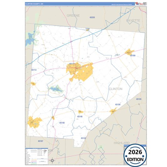 Clinton County, OH Business Reference 5 Digit ZIP Code Wall Map