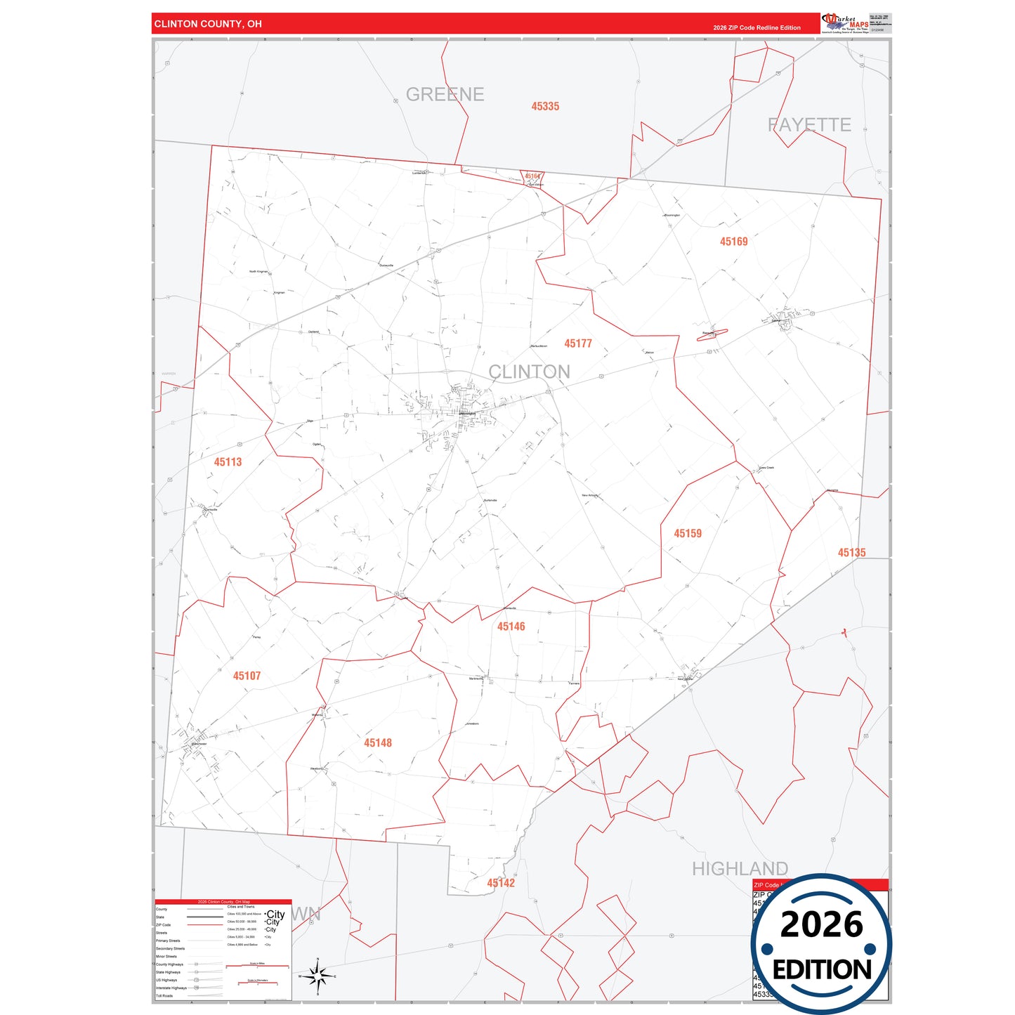 Clinton County, OH Red Line 5 Digit ZIP Code Wall Map