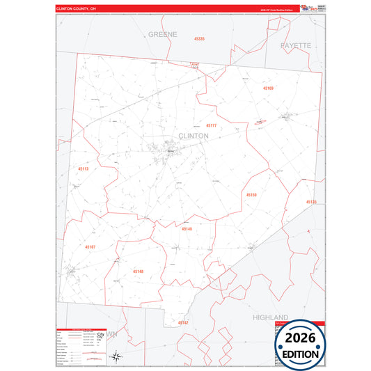 Clinton County, OH Red Line 5 Digit ZIP Code Wall Map