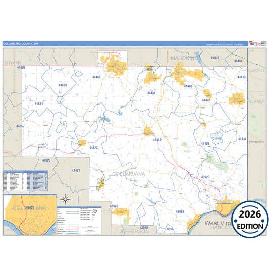 Columbiana County, OH Business Reference 5 Digit ZIP Code Wall Map
