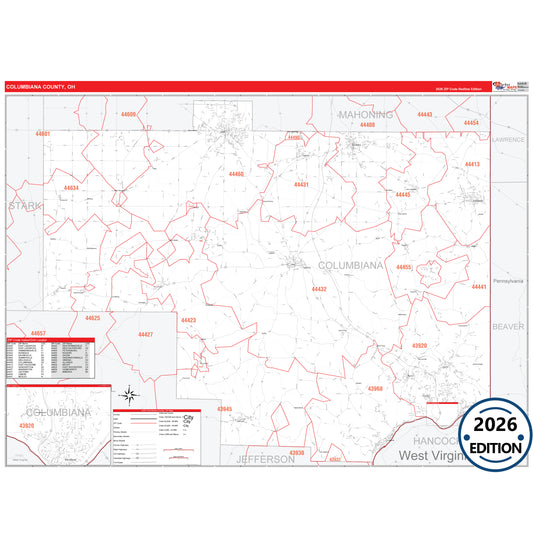 Columbiana County, OH Red Line 5 Digit ZIP Code Wall Map