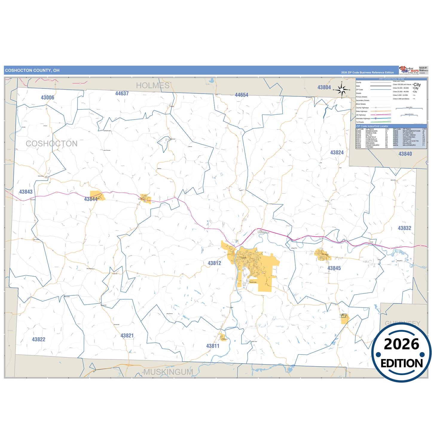 Coshocton County, OH Business Reference 5 Digit ZIP Code Wall Map