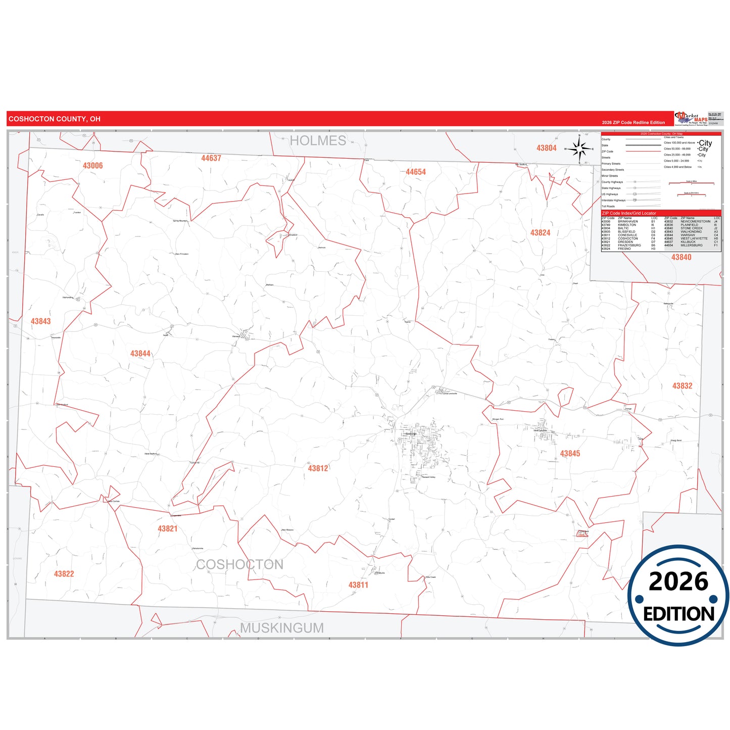 Coshocton County, OH Red Line 5 Digit ZIP Code Wall Map