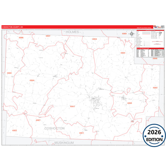 Coshocton County, OH Red Line 5 Digit ZIP Code Wall Map
