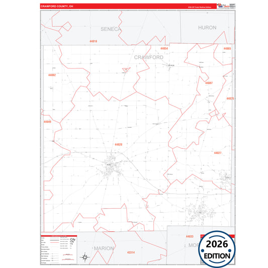Crawford County, OH Red Line 5 Digit ZIP Code Wall Map