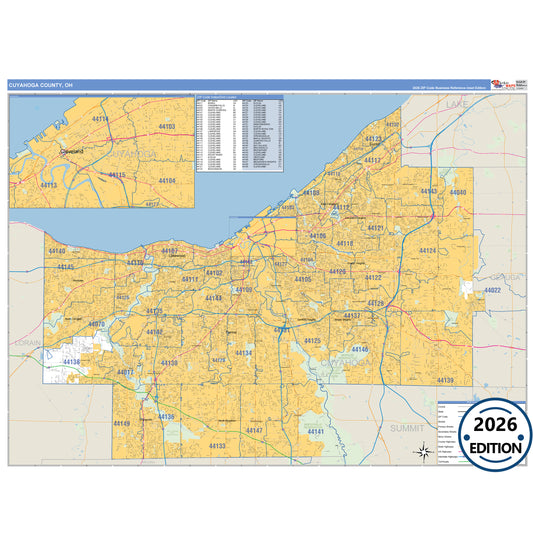 Cuyahoga County, OH Business Reference 5 Digit ZIP Code Wall Map