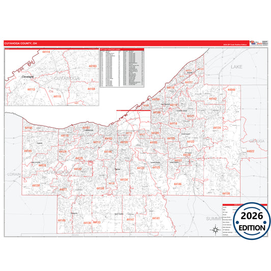 Cuyahoga County, OH Red Line 5 Digit ZIP Code Wall Map