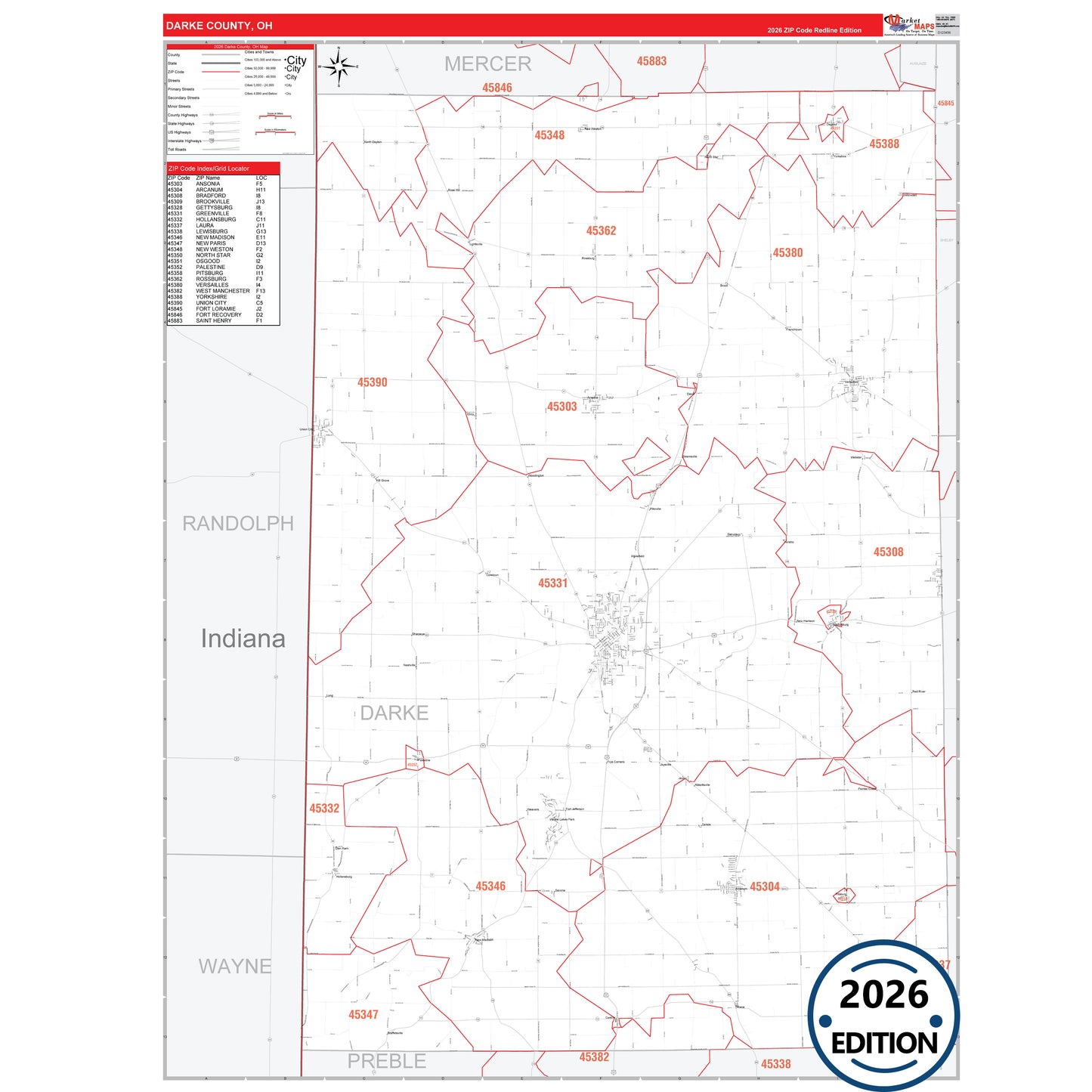 Darke County, OH Red Line 5 Digit ZIP Code Wall Map
