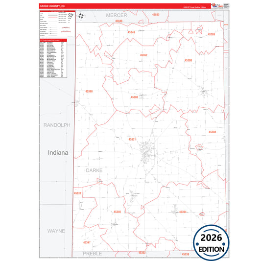 Darke County, OH Red Line 5 Digit ZIP Code Wall Map