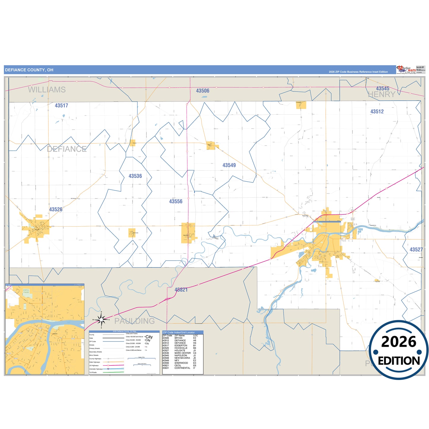Defiance County, OH Business Reference 5 Digit ZIP Code Wall Map