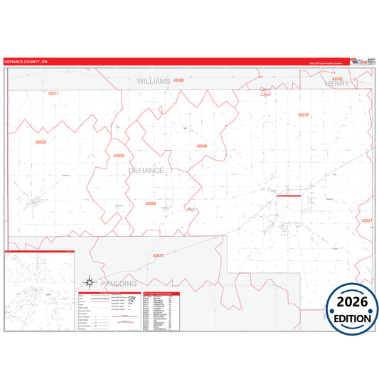 Defiance County, OH Red Line 5 Digit ZIP Code Wall Map