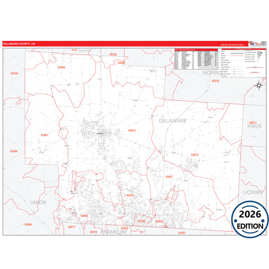 Delaware County, OH Red Line 5 Digit ZIP Code Wall Map