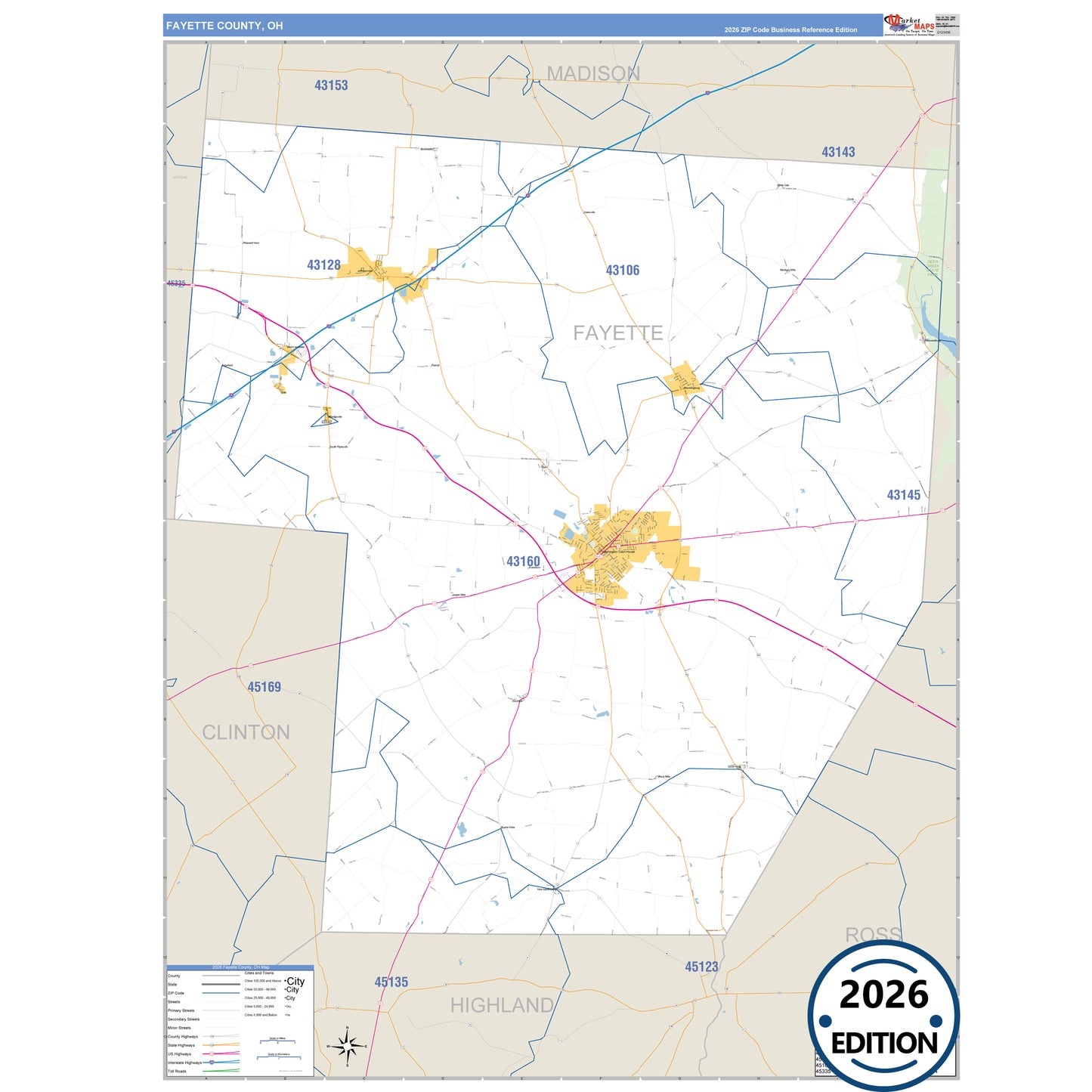 Fayette County, OH Business Reference 5 Digit ZIP Code Wall Map
