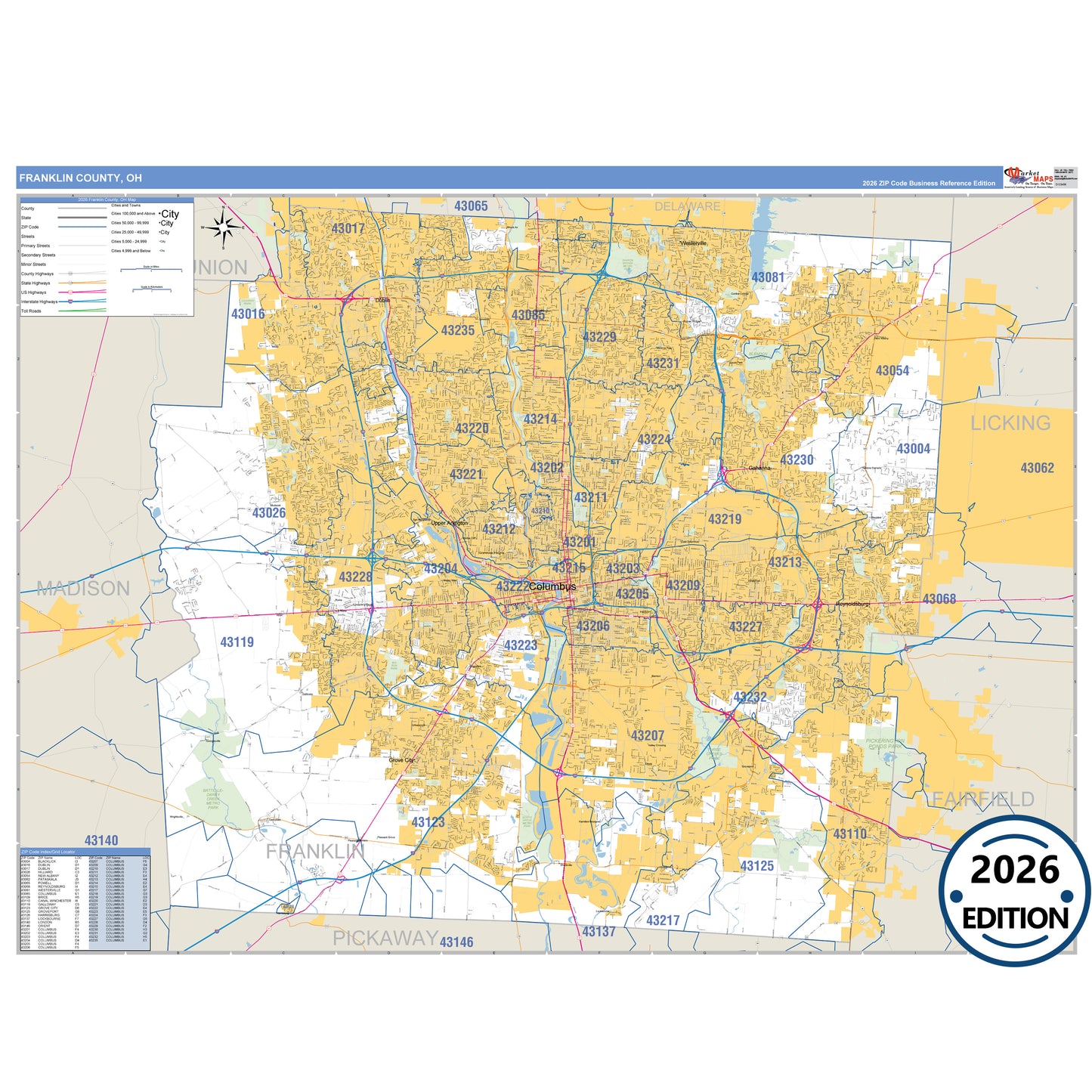 Franklin County, OH Business Reference 5 Digit ZIP Code Wall Map
