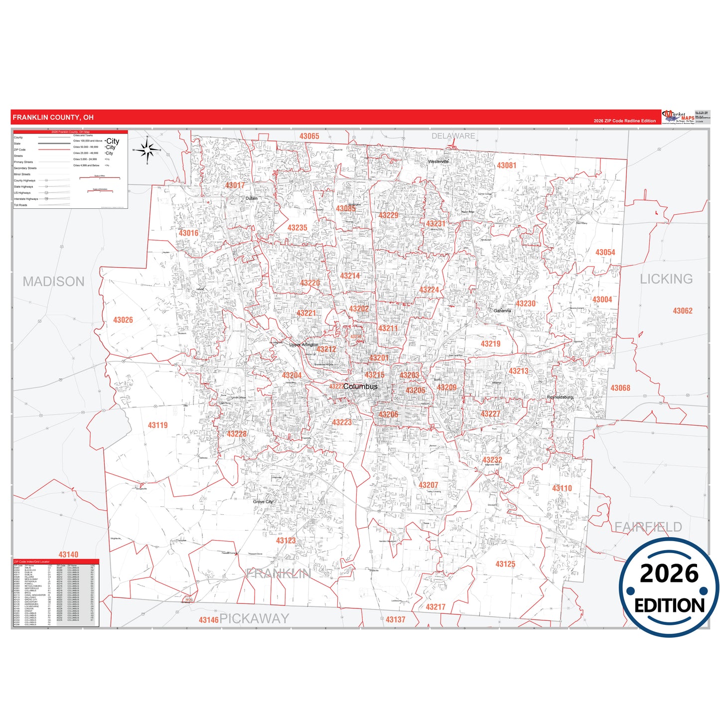 Franklin County, OH Red Line 5 Digit ZIP Code Wall Map