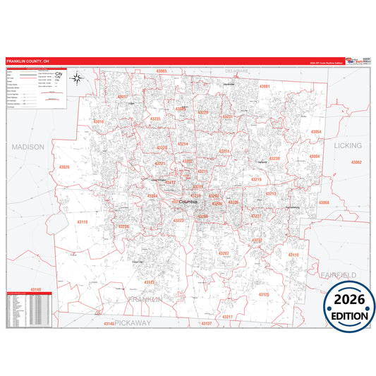 Franklin County, OH Red Line 5 Digit ZIP Code Wall Map