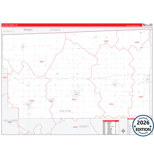 Fulton County, OH Red Line 5 Digit ZIP Code Wall Map