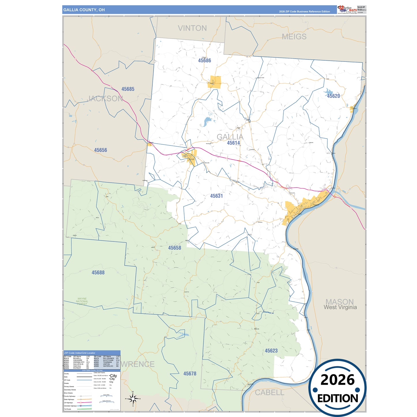 Gallia County, OH Business Reference 5 Digit ZIP Code Wall Map