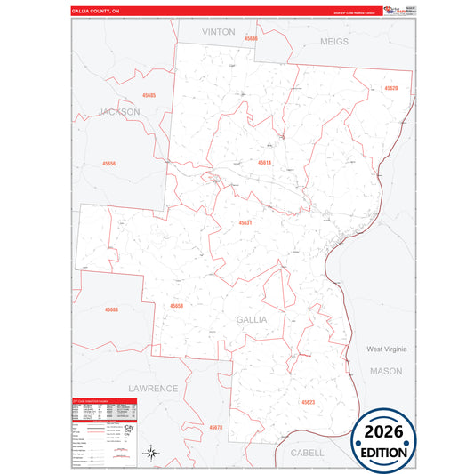Gallia County, OH Red Line 5 Digit ZIP Code Wall Map